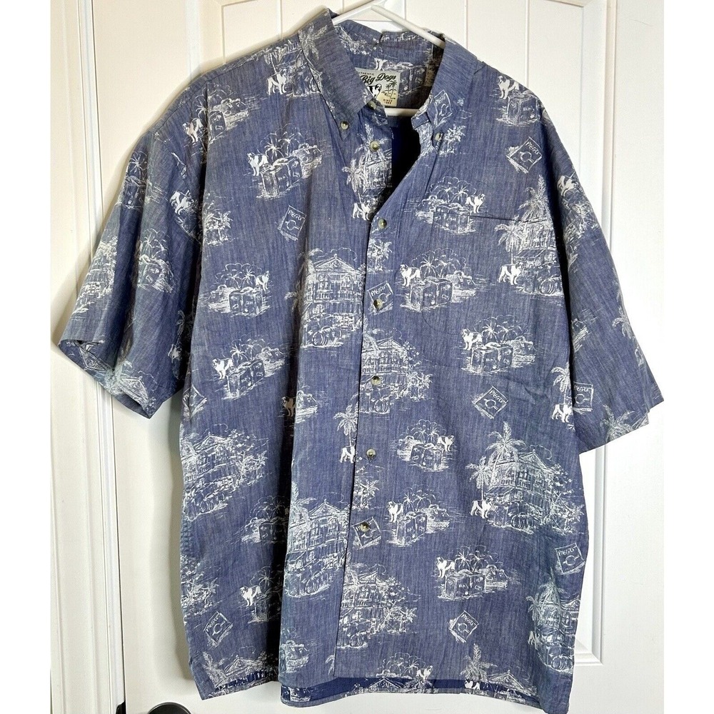 BIG DOGS Reverse Print Hawaiian Shirt Short Sleeve Blue White Size Men's XL